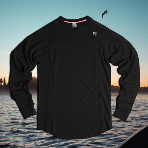 Black long-sleeve shirt with a brand logo on a background of water and sky.