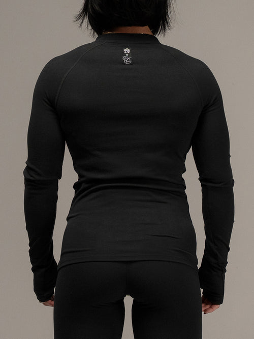 WOMENS RIBBED HENLEY - BLACK