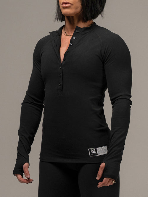 WOMENS RIBBED HENLEY - BLACK