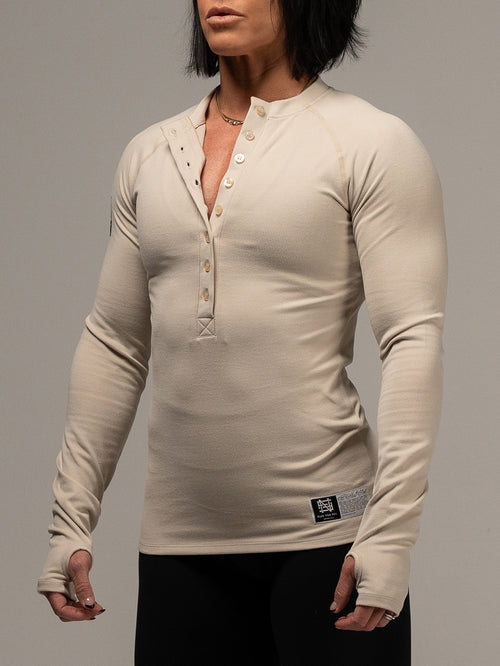 WOMENS RIBBED HENLEY - TAN