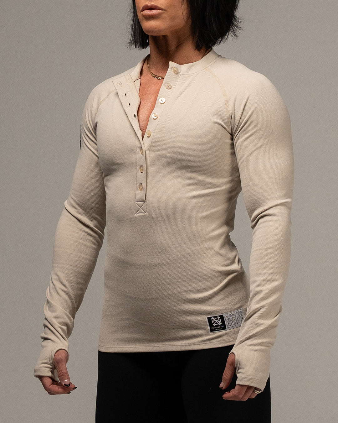 WOMENS RIBBED HENLEY - TAN
