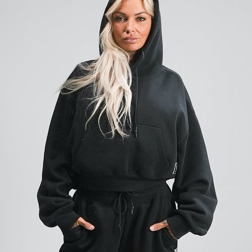 WOMENS OVERSIZED CROP HOODIE - BLACK