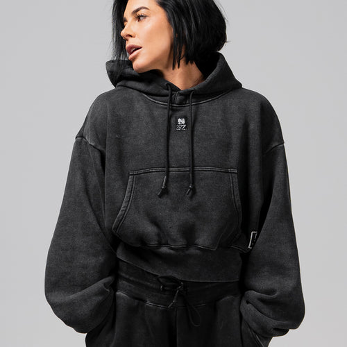 WOMENS OVERSIZED CROP HOODIE - ACID WASH