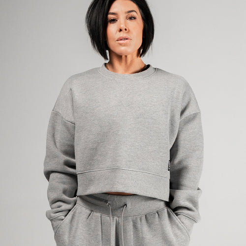 WOMENS OVERSIZED CROP CREWNECK - HEATHER GREY