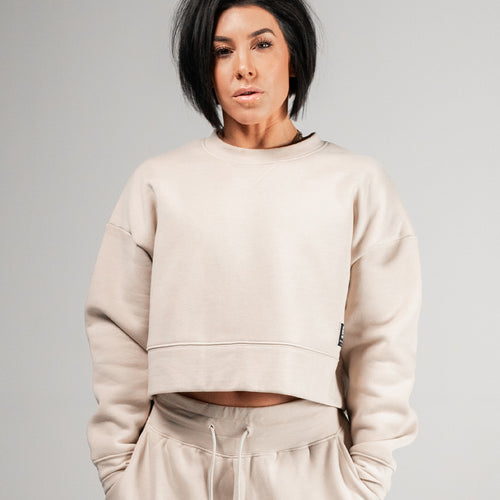 WOMENS OVERSIZED CROP CREWNECK - TAN