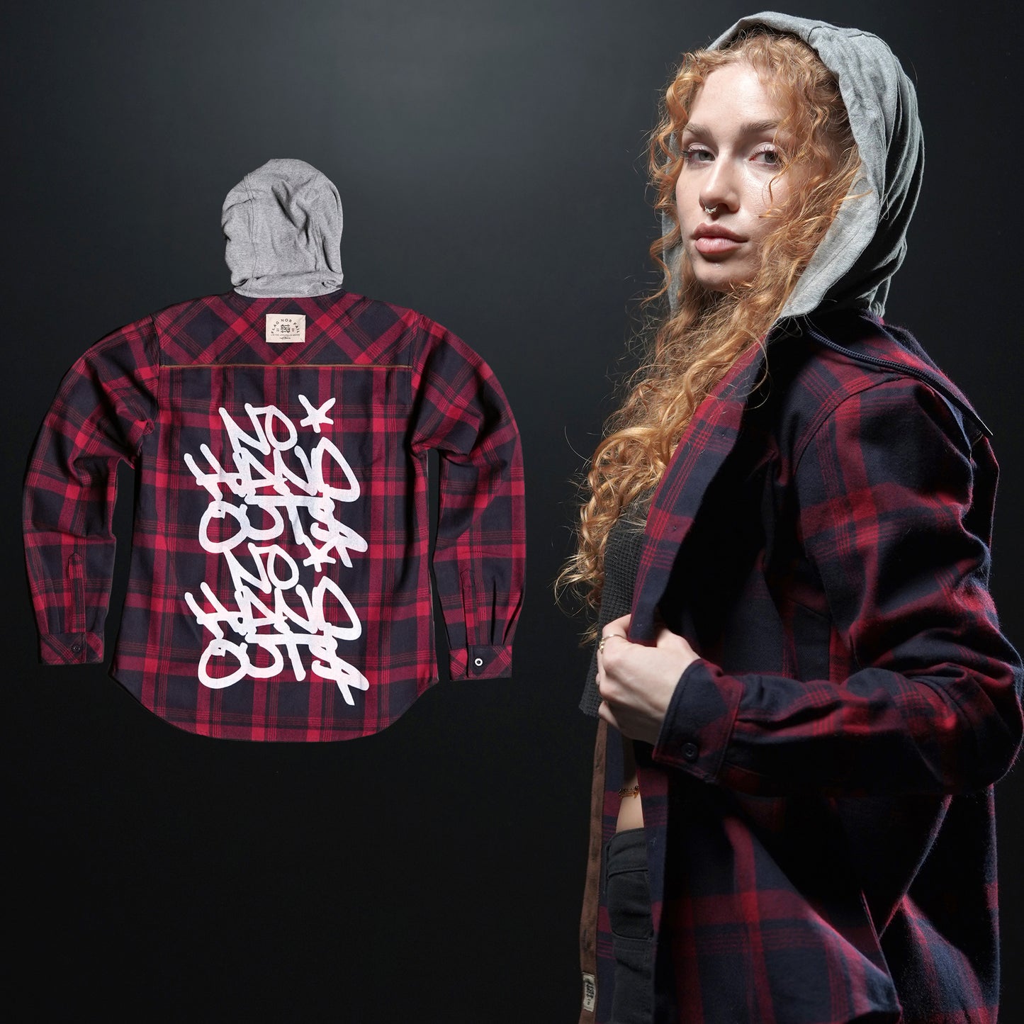 MUJER CON CAPUCHA NO HANDOUTS X FOREVER FLANNEL - ROJO