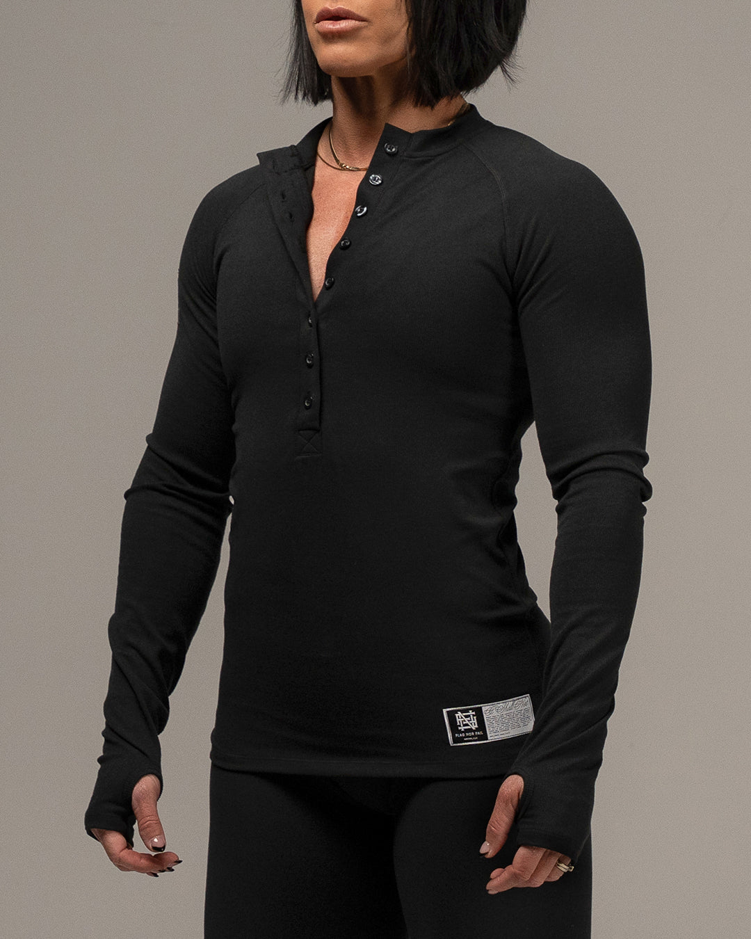 WOMENS RIBBED HENLEY - BLACK