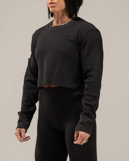 WOMEN'S FOREVER WAFFLE KNIT CROP - BLACK