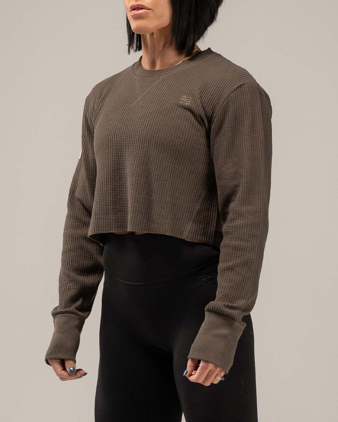 WOMEN'S FOREVER WAFFLE KNIT CROP - OLIVE GREY