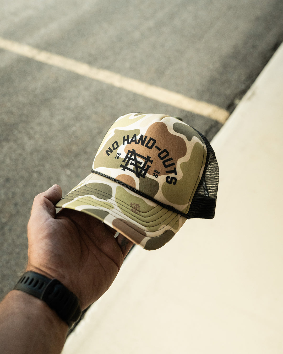 NO HAND OUTS FOAM TRUCKER - CAMO