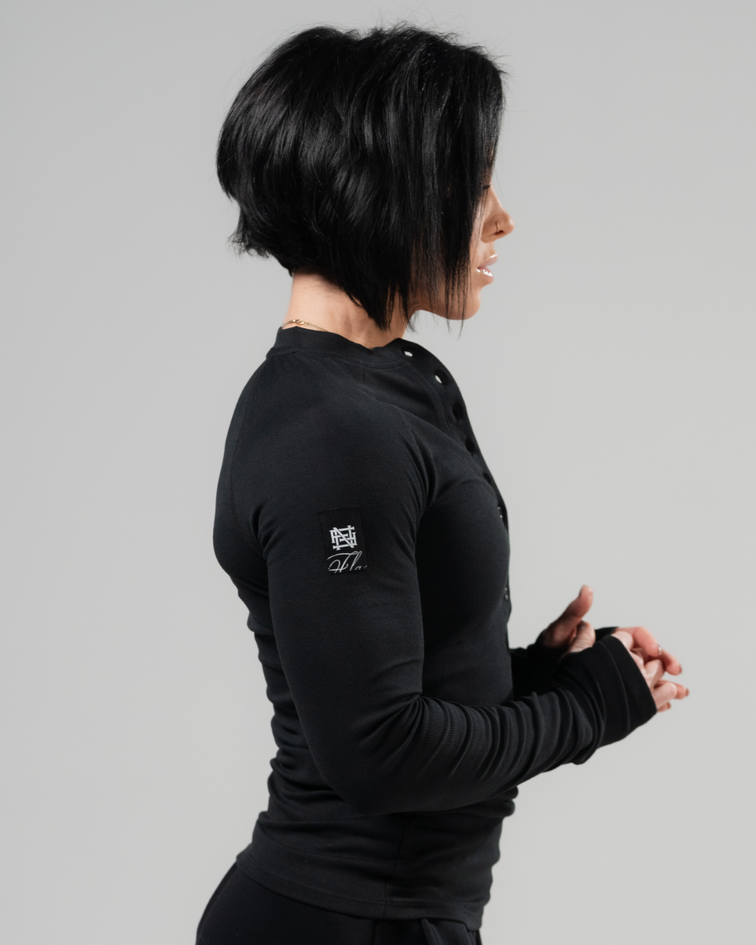 WOMENS RIBBED HENLEY - BLACK