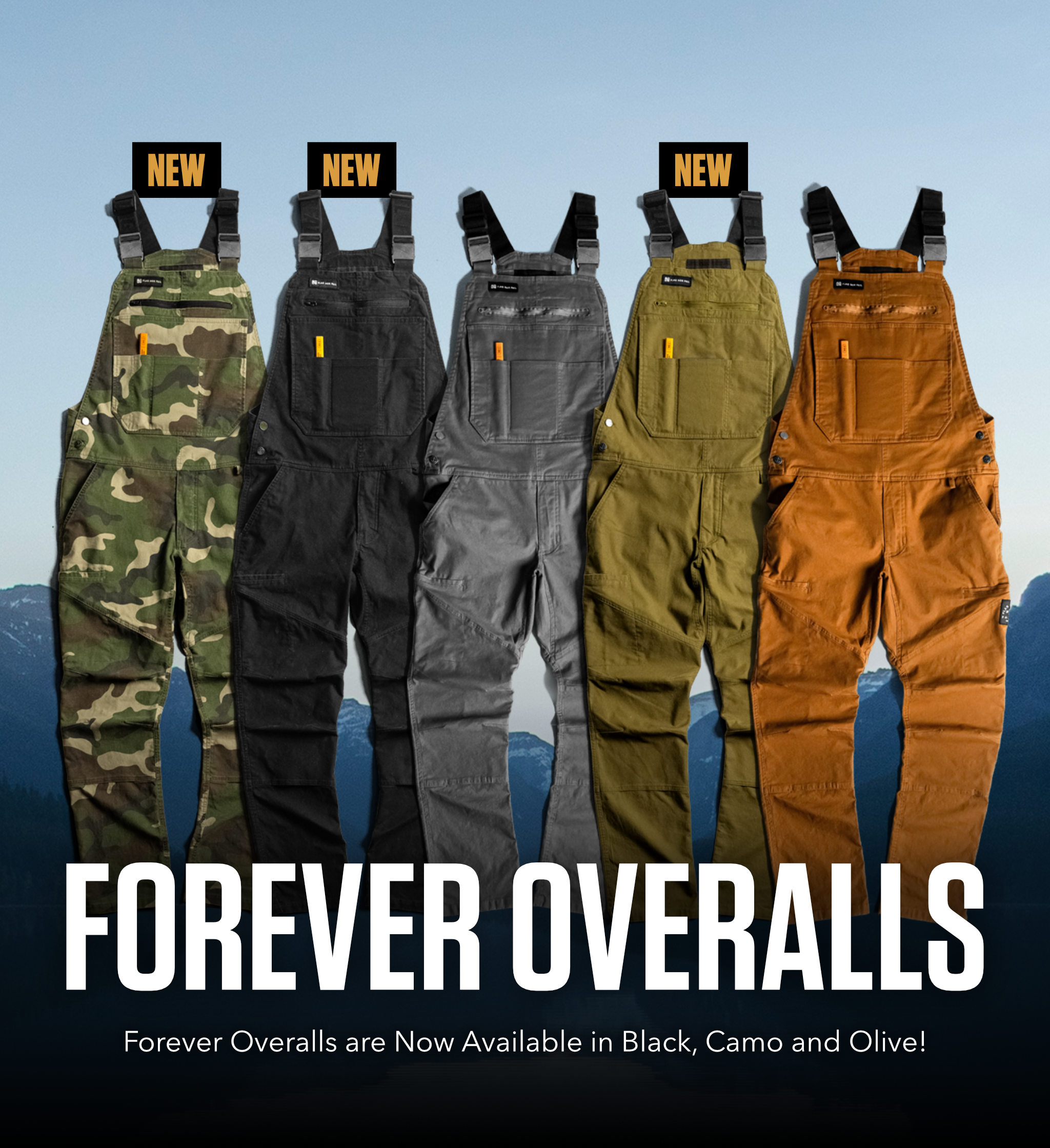 FOREVER OVERALLS — Now Available in Black, Camo and Olive Colors!