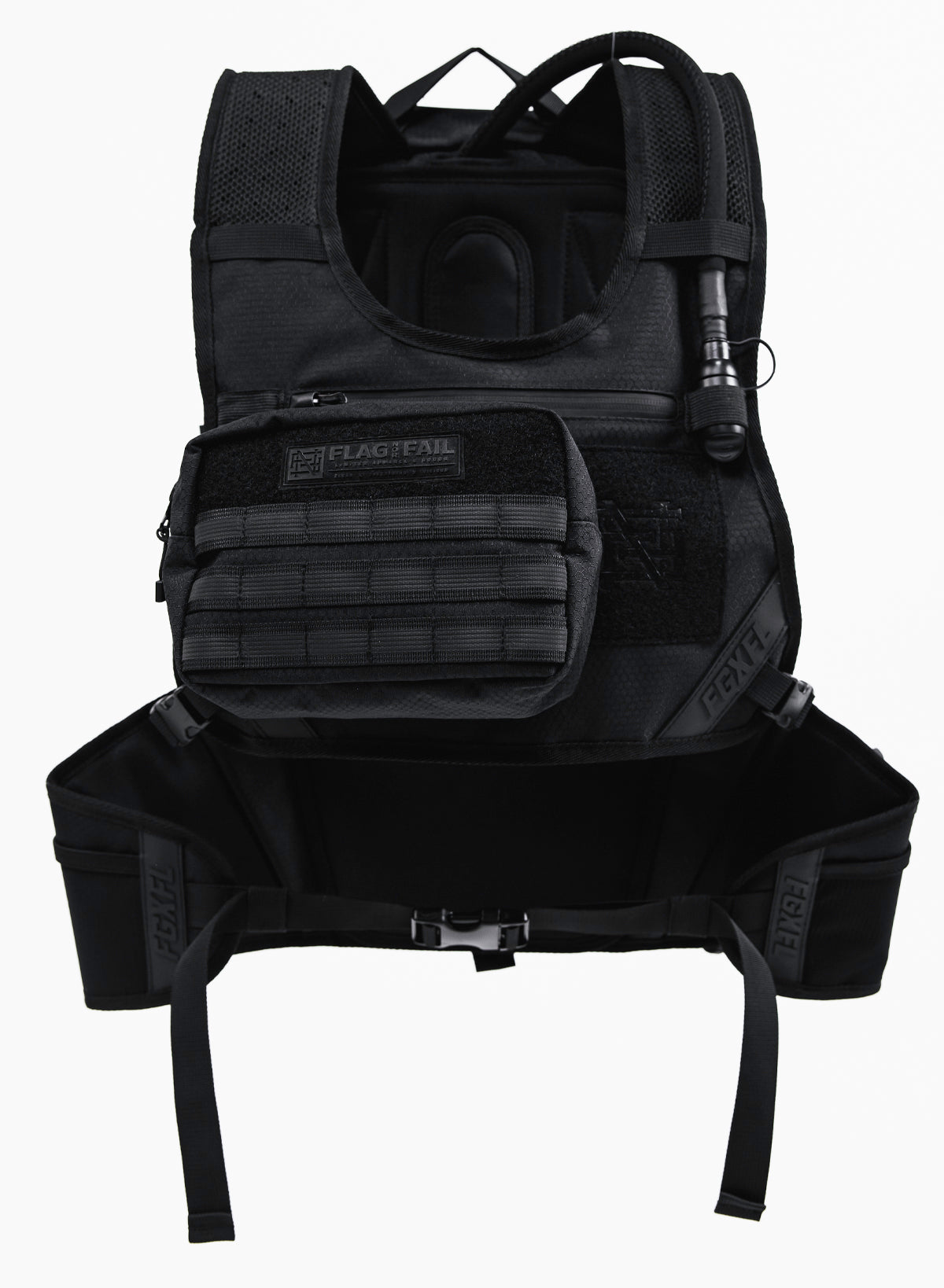 Photo of the front of the 6in Utility Pack. The Pouch has a zipper on the top with three rows of nylon loops. Features a Flag Nor Fail logo patch at the top of the Pouch.